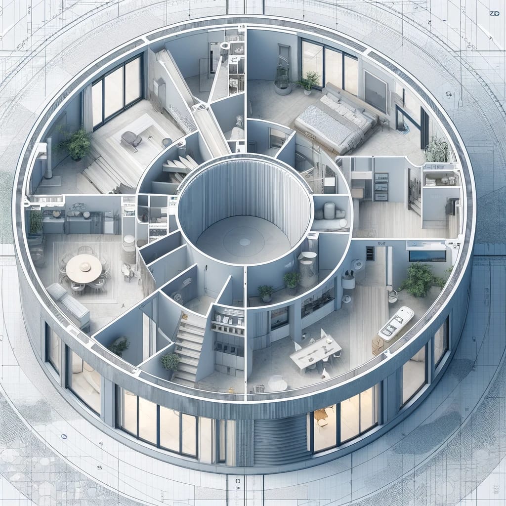 A blueprint for a fully open, single round floor plan based on the user's exact requirements, featuring no internal walls between zones. The layout includes a dining area, a kitchen, and a living area, all seamlessly integrated into one continuous, circular space. The central column is solid, serving solely for structural support and housing utilities like an elevator or stairs, completely enclosed and not visible from the interior spaces. The exterior is defined by sliding glass doors leading to terraces with diverse geometric flooring patterns. This design highlights simplicity, openness, and a strong indoor-outdoor connection, focusing on natural light and expansive views.